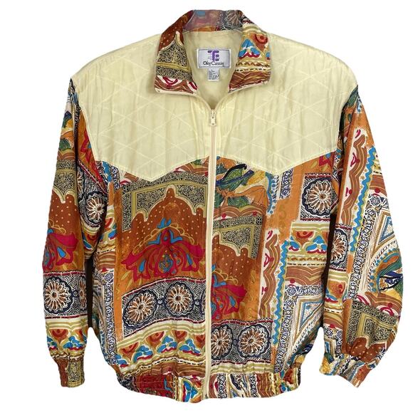 Vintage Oleg Cassini Silk Bomber Jacket Women's Large 80s 90s Abstract Quilted - Picture 1 of 11